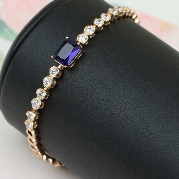 Elegant Rose Gold Bracelet with Blue Center Stone and Crystal Accents, XPBL0657 - Picture 1 of 12